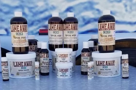 Lame Away CBD+ topical spray, wash, poultice, salve and massage bar