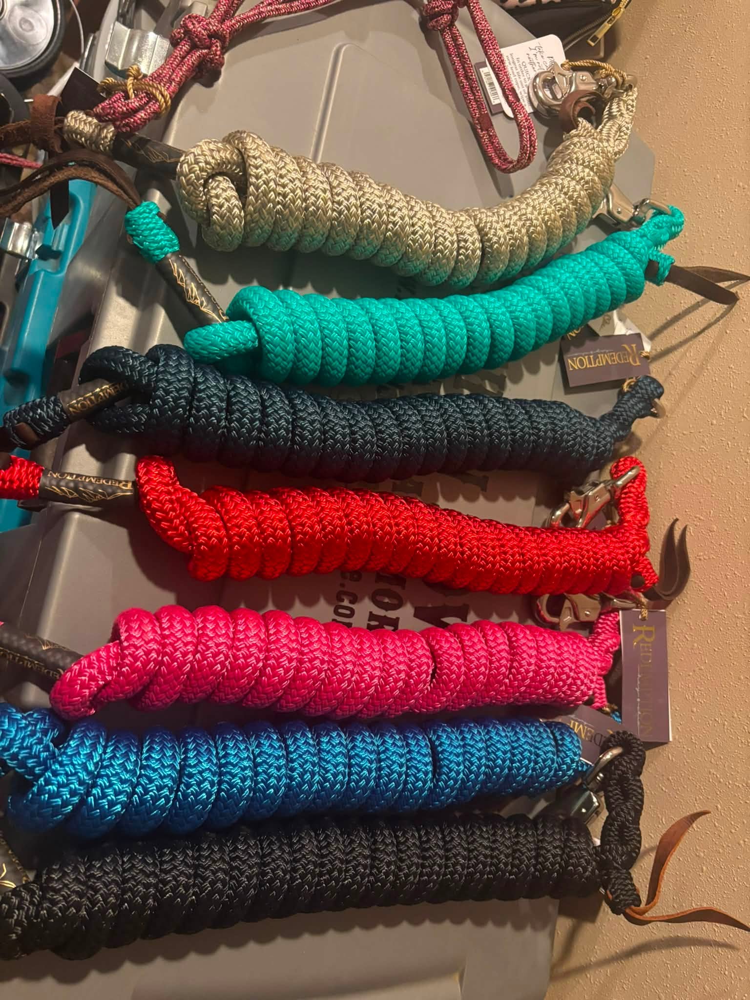 Redemption lead ropes in tan, teal, navy, red, pink, blue and black