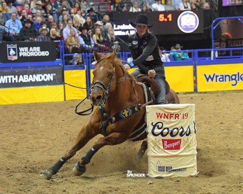 Lacinda Rose rounding the barrel at the WNFR
